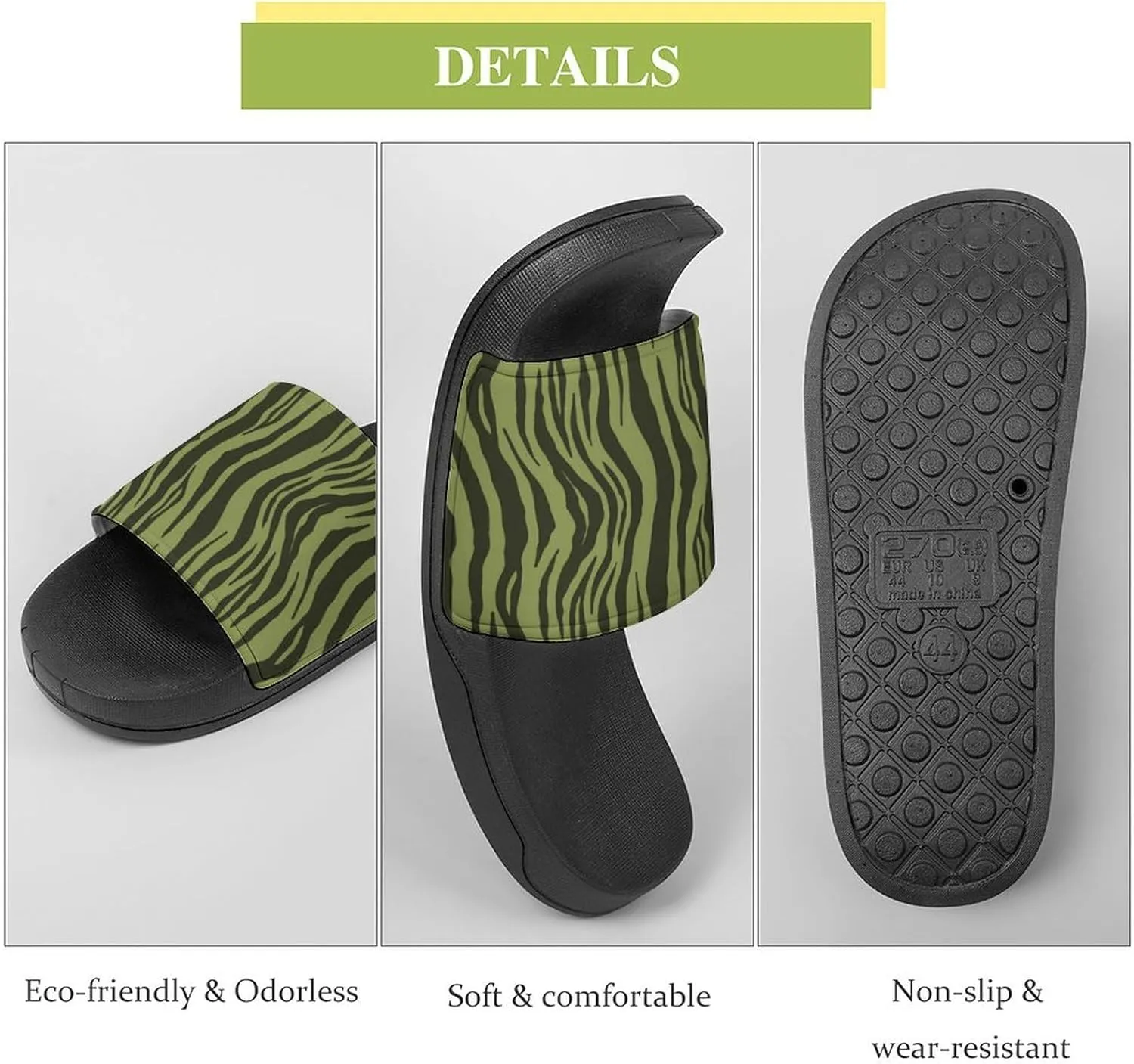 Moss Green Tiger Stripes Animal Print Womens Slide Sandals Non Slip Summer House Slippers for Girls Slip-on Flip Flops