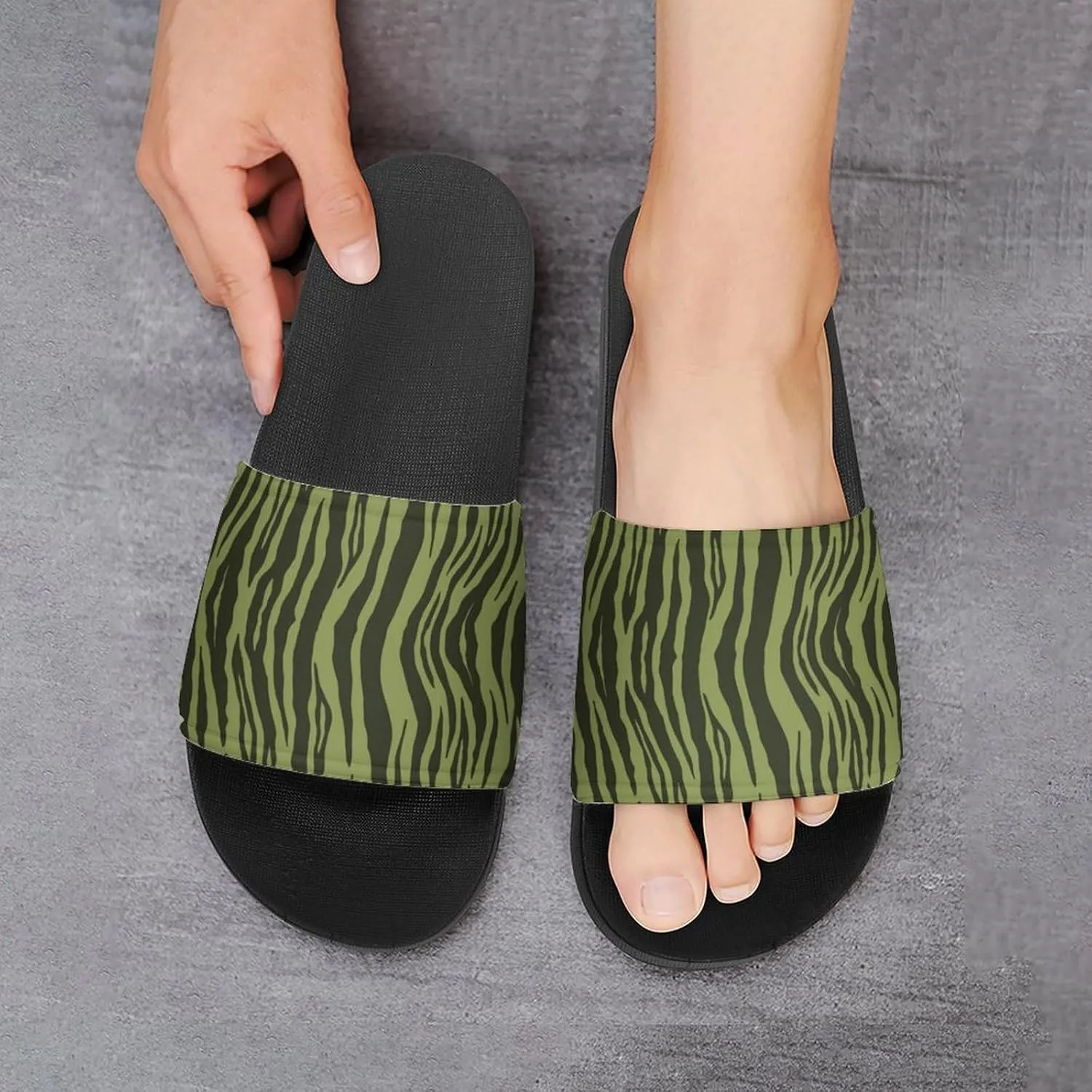 Moss Green Tiger Stripes Animal Print Womens Slide Sandals Non Slip Summer House Slippers for Girls Slip-on Flip Flops