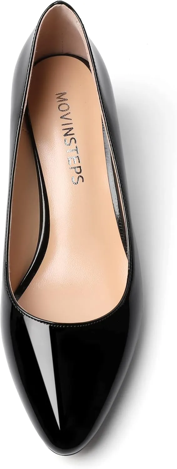 MOVINSTEPS Womens Round Toe Party Dress Slip On Chunky Low Heel Pumps Shoes 2 Inch