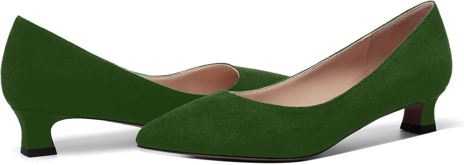 MOVINSTEPS Womens Suede Solid Pointed Toe Slip On Dress Wedding Kitten Low Heel Pumps Shoes 1.5 Inch