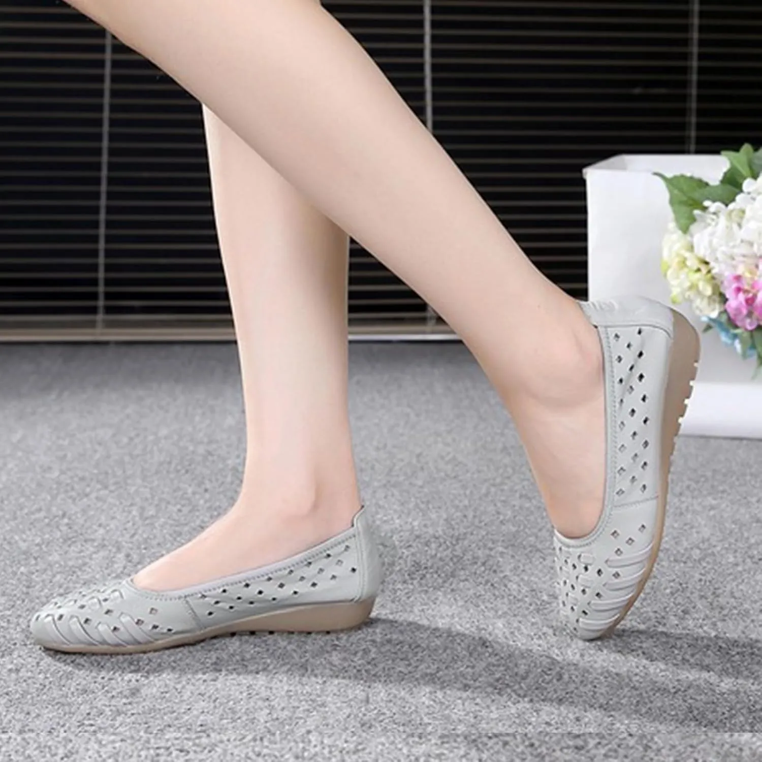 MOYOWEI Women's Summer Comfort Woven Leather Flats,Pointed Closed Toe Hollow Non-slip Soft Sole Slip-on Walking Casual Shoes