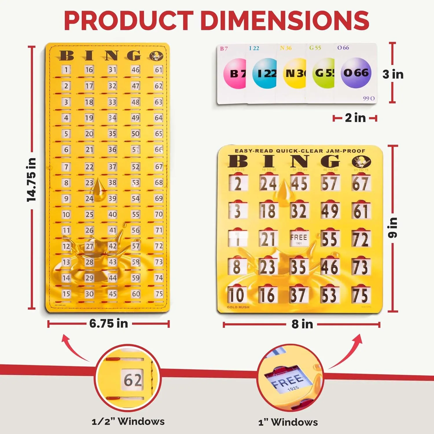 MR CHIPS Jam-Proof Bingo Cards with Sliding Windows, 25 Reusable Shutter Cards, 75 Calling Cards 1 Master Board in Gold Rush Style