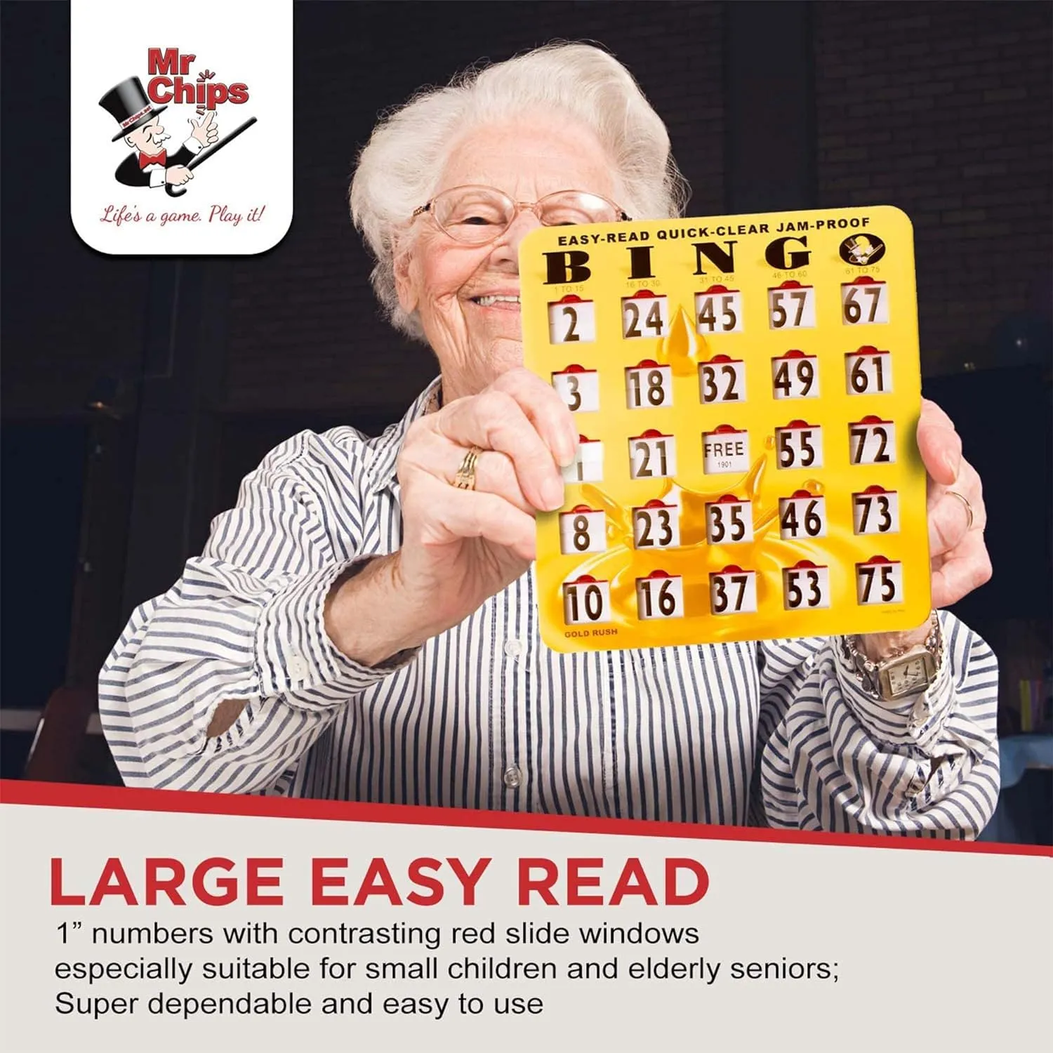 MR CHIPS Jam-Proof Bingo Cards with Sliding Windows, 25 Reusable Shutter Cards, 75 Calling Cards 1 Master Board in Gold Rush Style