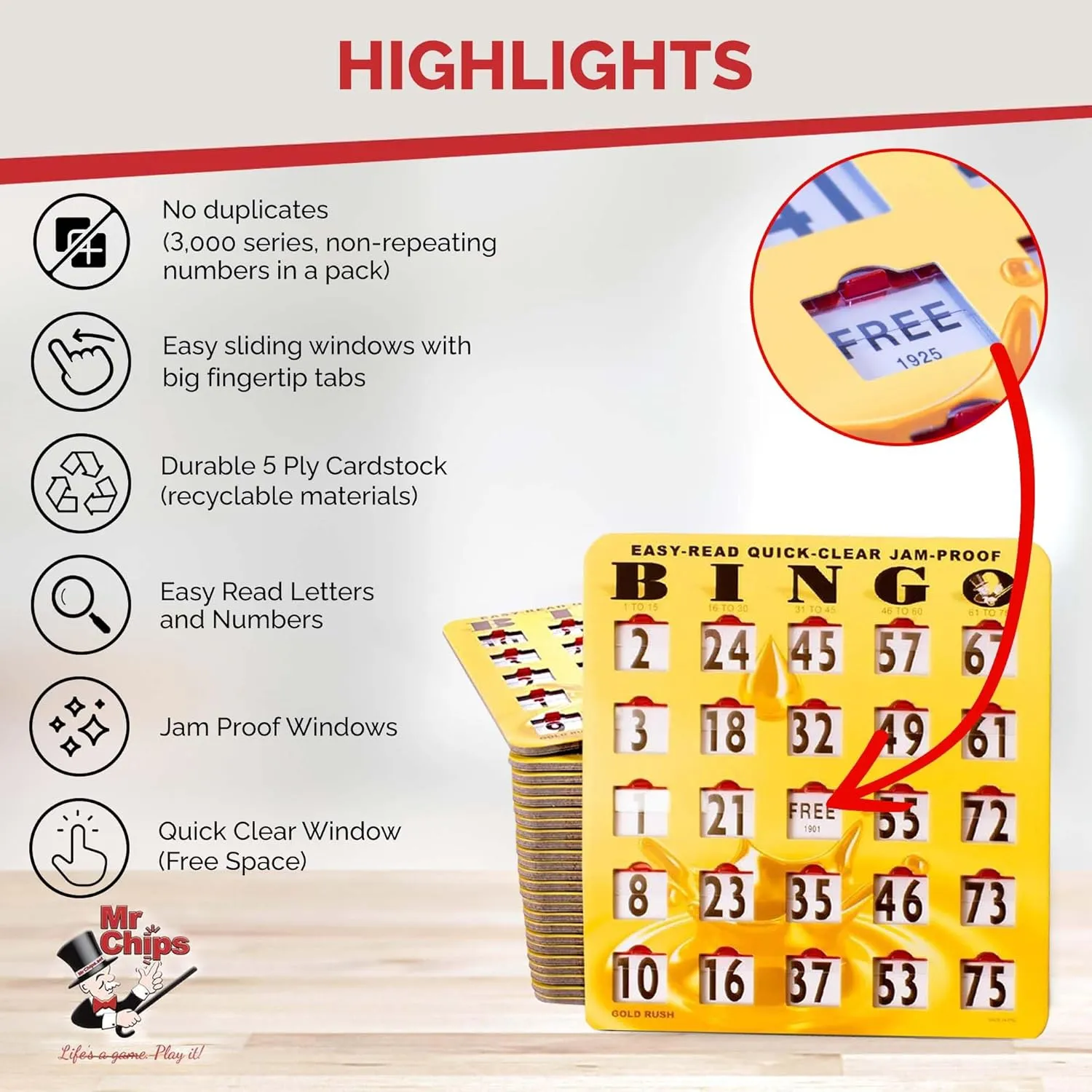 MR CHIPS Jam-Proof Bingo Cards with Sliding Windows, 25 Reusable Shutter Cards, 75 Calling Cards 1 Master Board in Gold Rush Style
