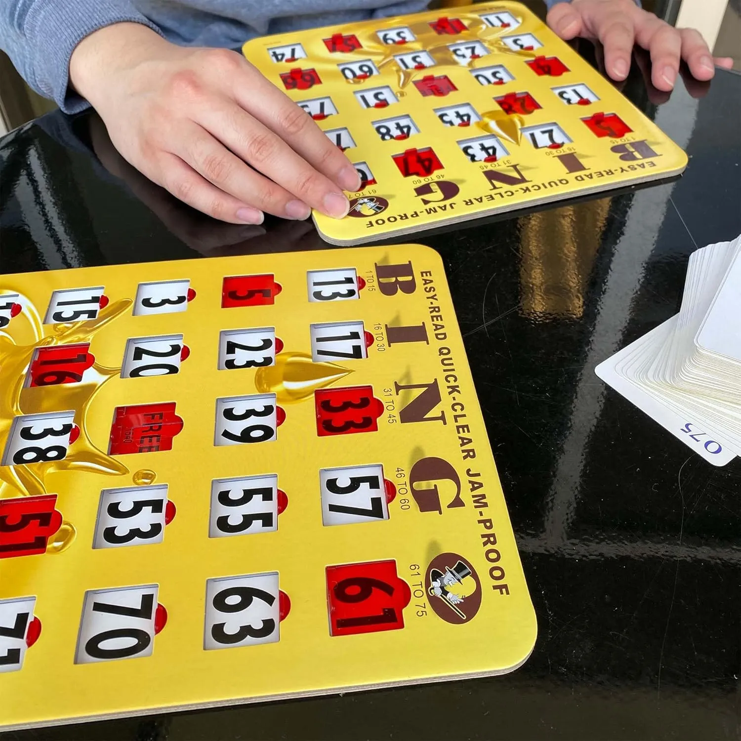 MR CHIPS Jam-Proof Bingo Cards with Sliding Windows, 25 Reusable Shutter Cards, 75 Calling Cards 1 Master Board in Gold Rush Style