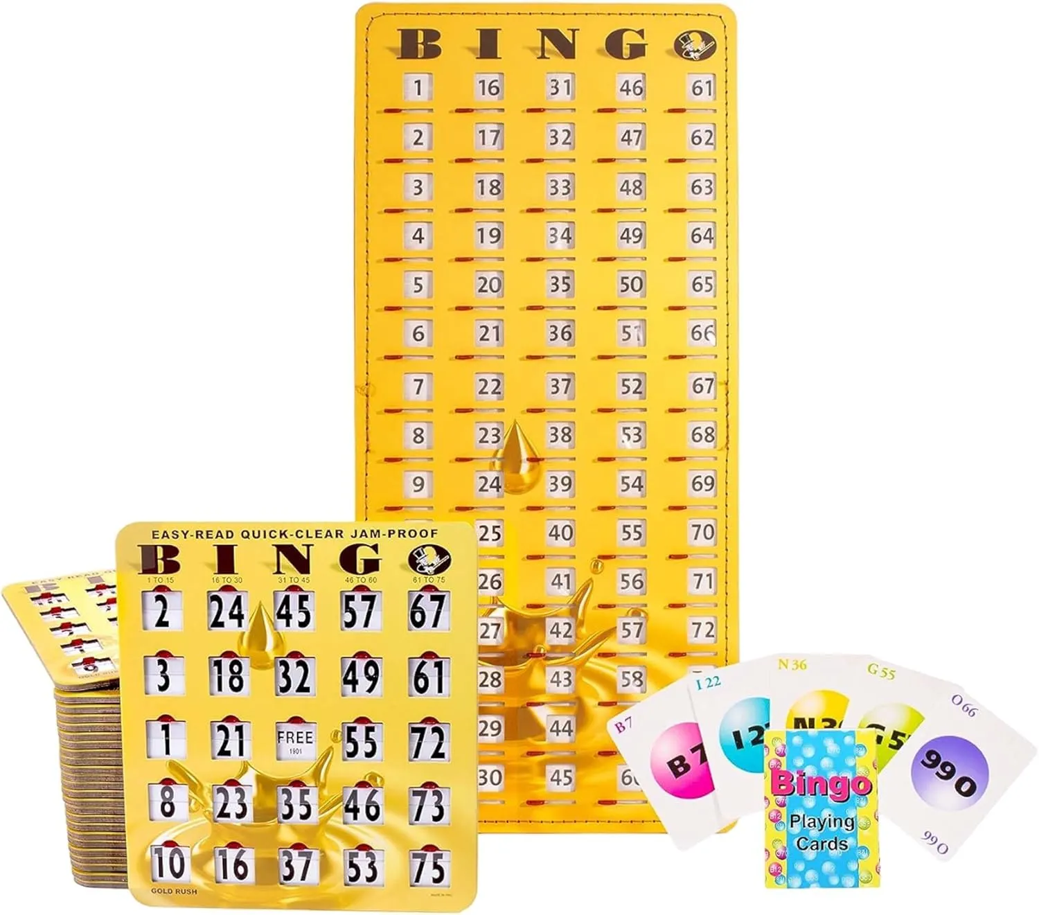 MR CHIPS Jam-Proof Bingo Cards with Sliding Windows, 25 Reusable Shutter Cards, 75 Calling Cards 1 Master Board in Gold Rush Style