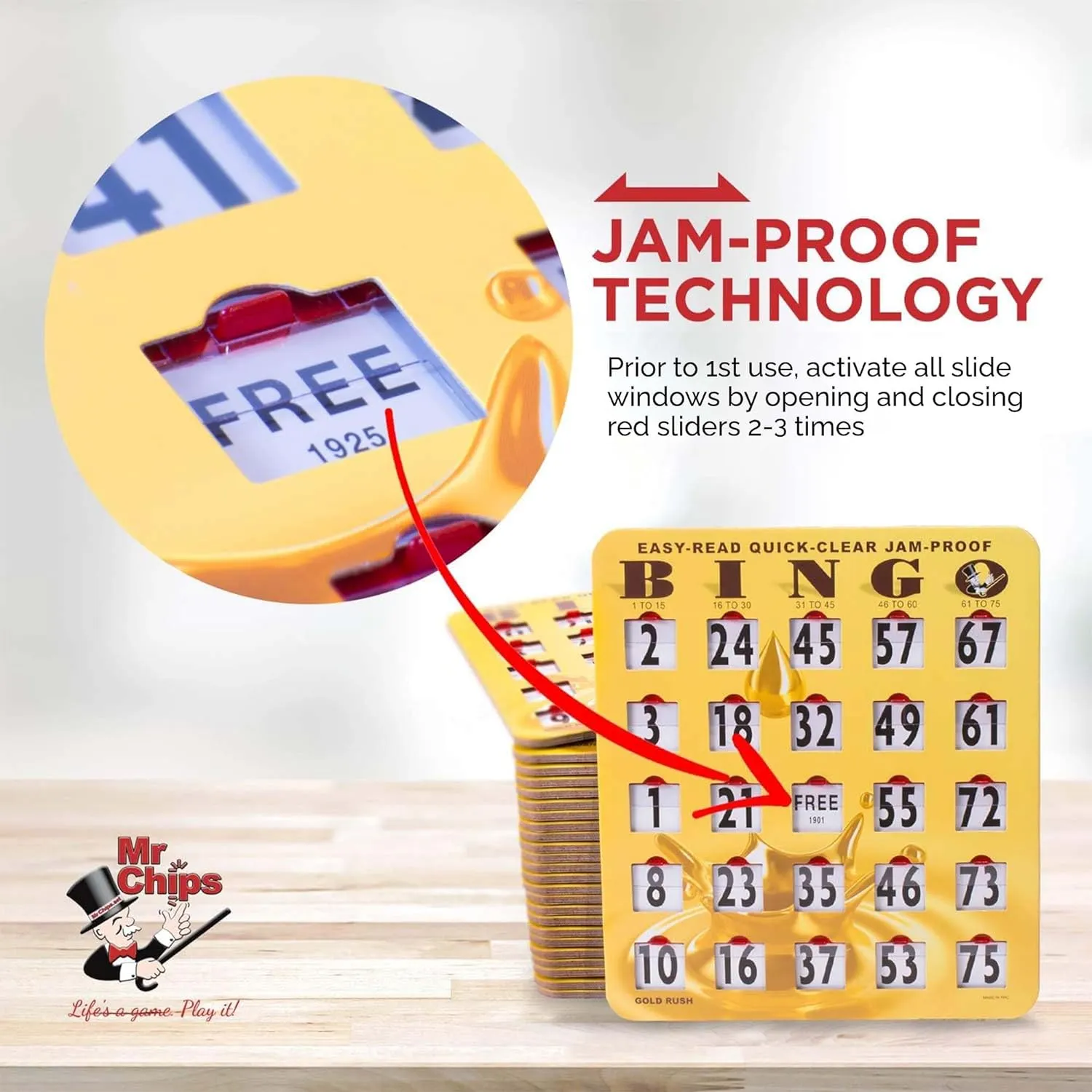 MR CHIPS Jam-Proof Bingo Cards with Sliding Windows, 25 Reusable Shutter Cards, 75 Calling Cards 1 Master Board in Gold Rush Style