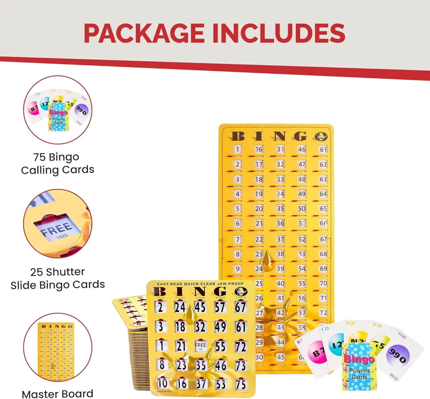 MR CHIPS Jam-Proof Bingo Cards with Sliding Windows, 25 Reusable Shutter Cards, 75 Calling Cards 1 Master Board in Gold Rush Style
