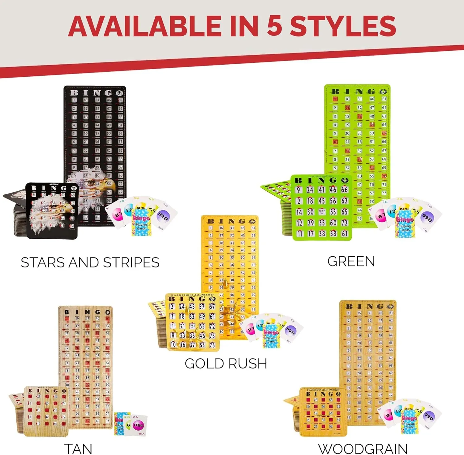 MR CHIPS Jam-Proof Bingo Cards with Sliding Windows, 25 Reusable Shutter Cards, 75 Calling Cards 1 Master Board in Gold Rush Style