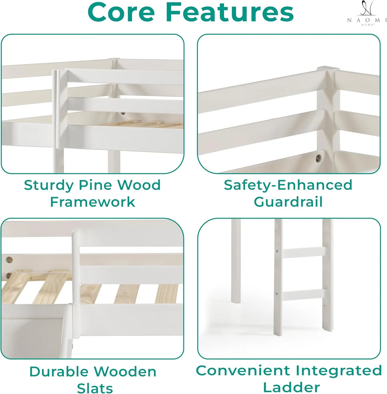 Naomi Home Cindy Kids Loft Bed with Slide Twin Loft Bed with Slide Solid Wood Toddler Kids Ladder Chalkboard Space Saving Frame for Boys Girls White