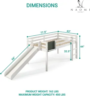 Naomi Home Cindy Kids Loft Bed with Slide Twin Loft Bed with Slide Solid Wood Toddler Kids Ladder Chalkboard Space Saving Frame for Boys Girls White