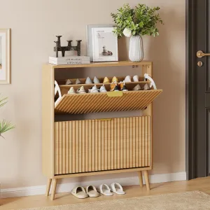 Narrow Shoe Storage Cabinet, Freestanding Shoe Cabinet Organizer for Entryway, Hallway (2 Flip, Oak)