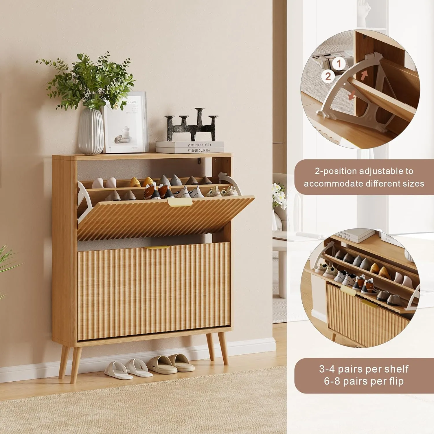 Narrow Shoe Storage Cabinet, Freestanding Shoe Cabinet Organizer for Entryway, Hallway (2 Flip, Oak)