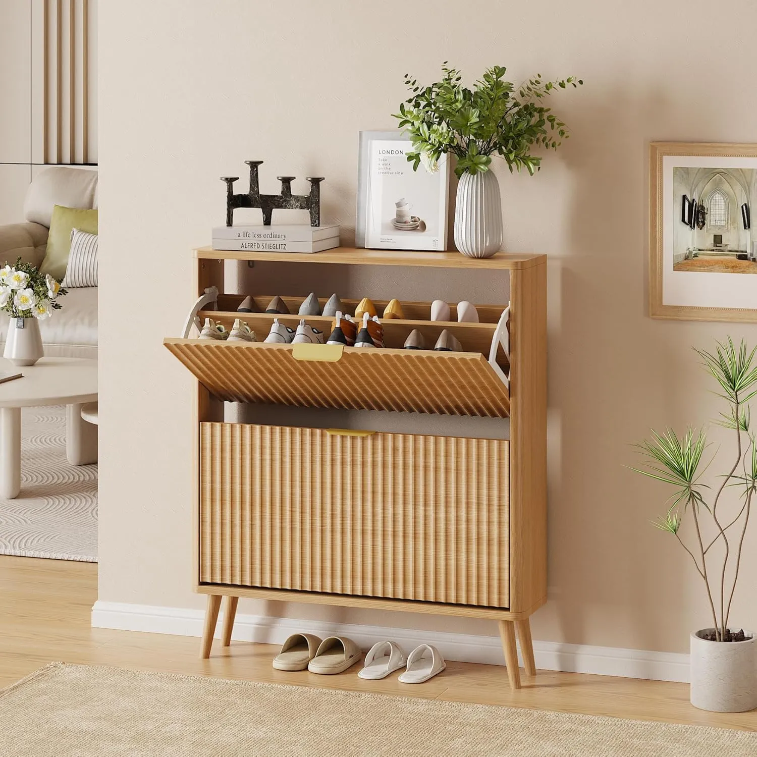 Narrow Shoe Storage Cabinet, Freestanding Shoe Cabinet Organizer for Entryway, Hallway (2 Flip, Oak)