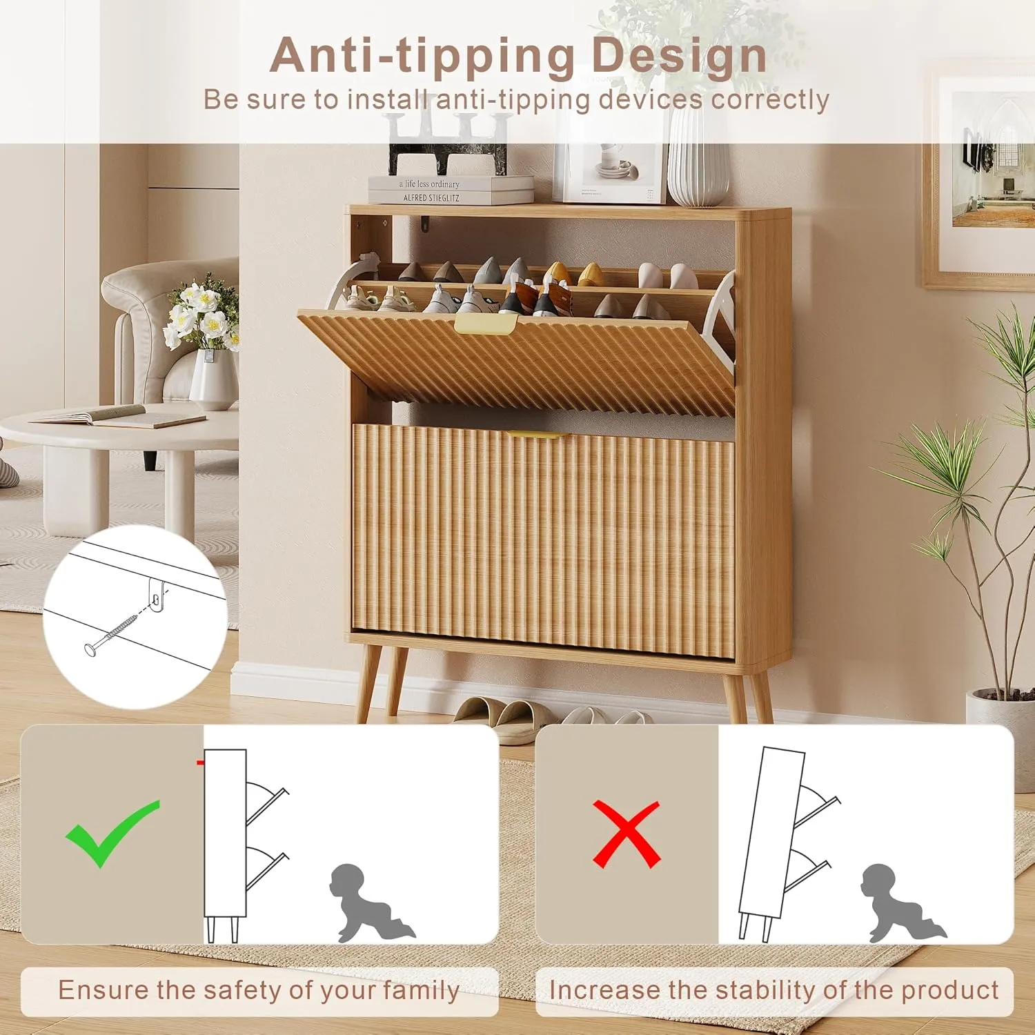 Narrow Shoe Storage Cabinet, Freestanding Shoe Cabinet Organizer for Entryway, Hallway (2 Flip, Oak)