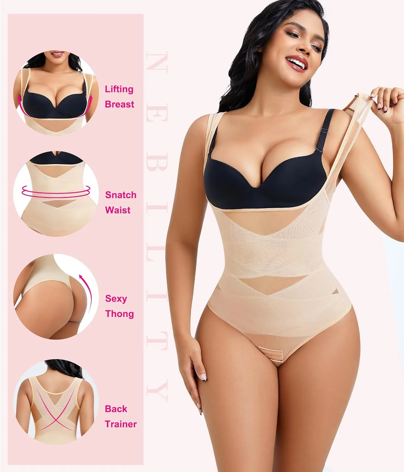 Nebility Thong Shapewear Bodysuit for Women Tummy Control Body Shaper Faja Seamless Waist Trainer Corset Stomach Girdles