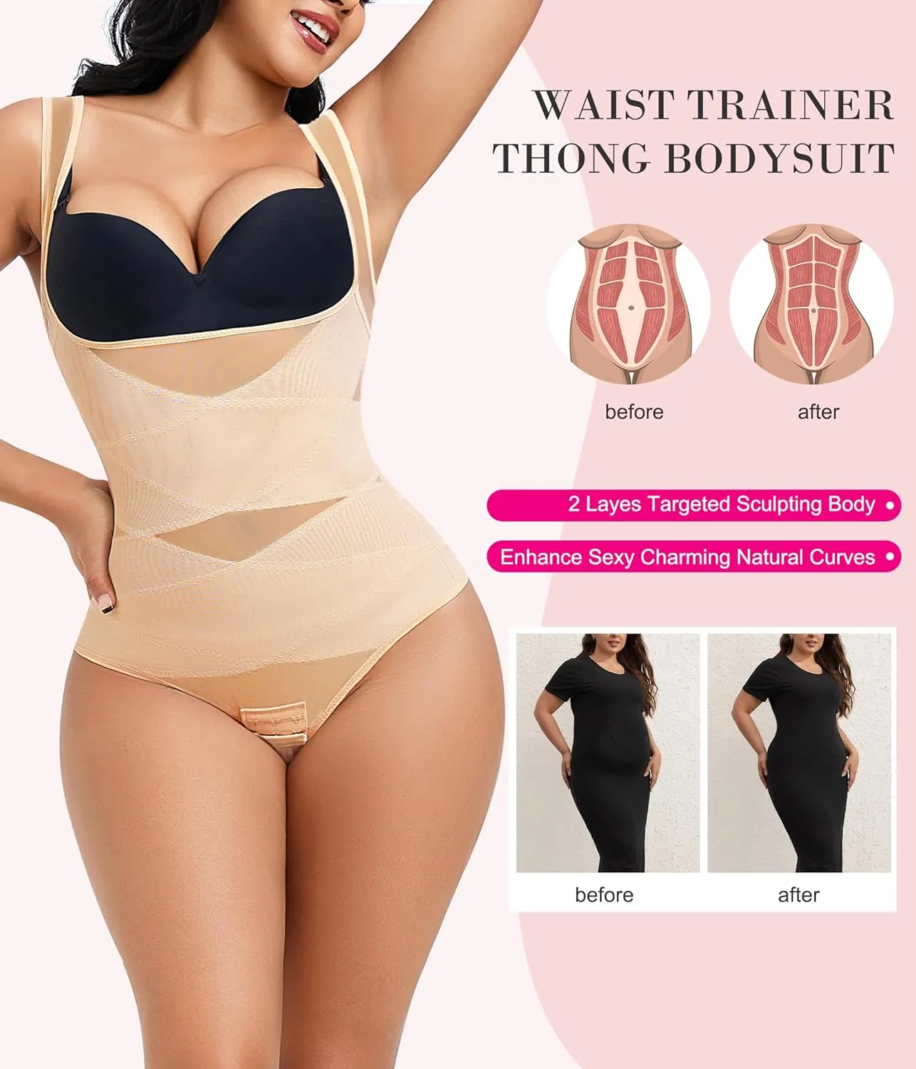 Nebility Thong Shapewear Bodysuit for Women Tummy Control Body Shaper Faja Seamless Waist Trainer Corset Stomach Girdles
