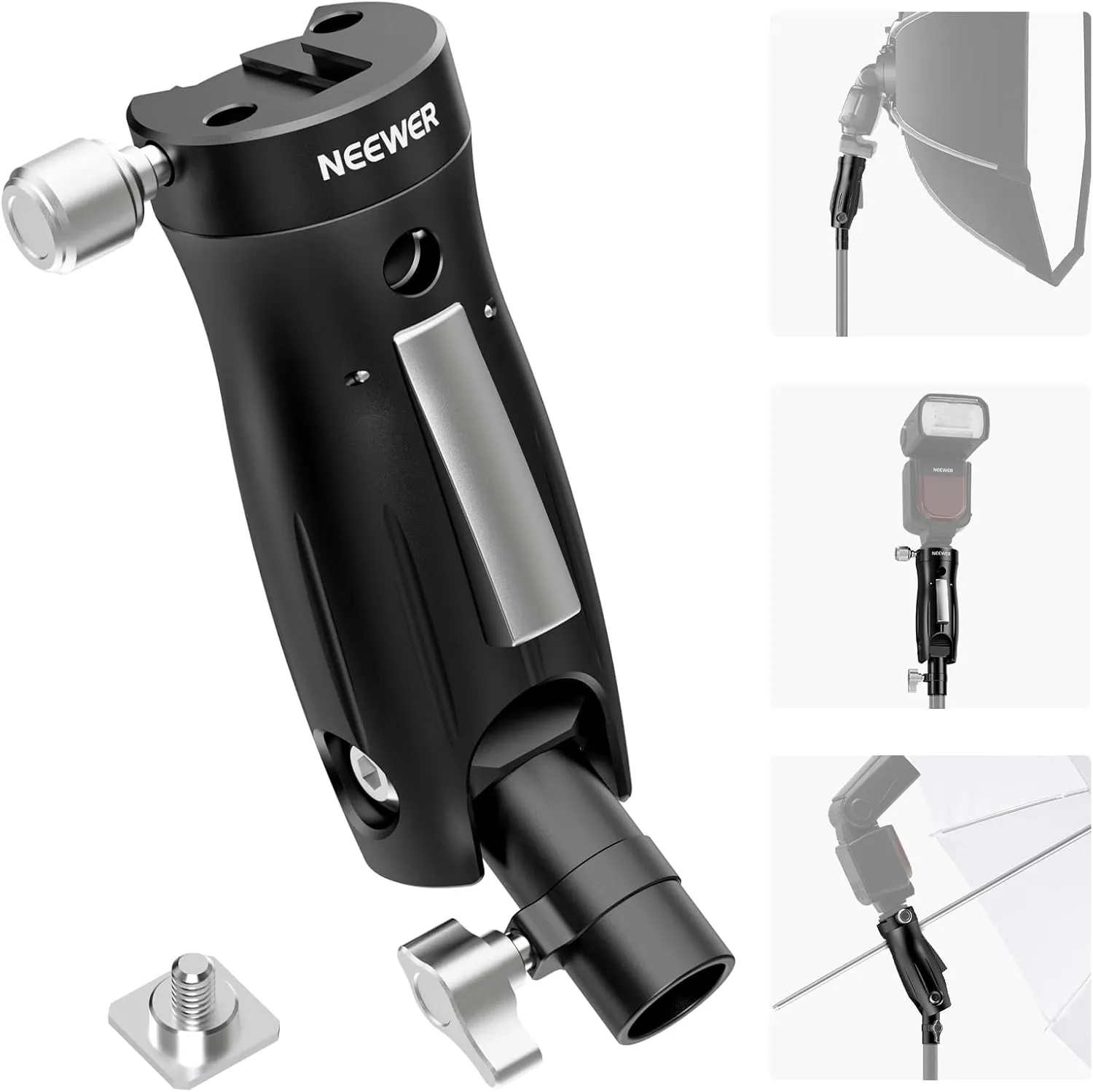 NEEWER Cold Shoe Flash Bracket Mount with Pistol Handle Grip, 1/4" Screw Universal Light Stand Adapter for Off Camera Flash Speedlite/Umbrella/Softbox, Quick Setup/Lock, 360° Swivel & 90° Tilt, GM14