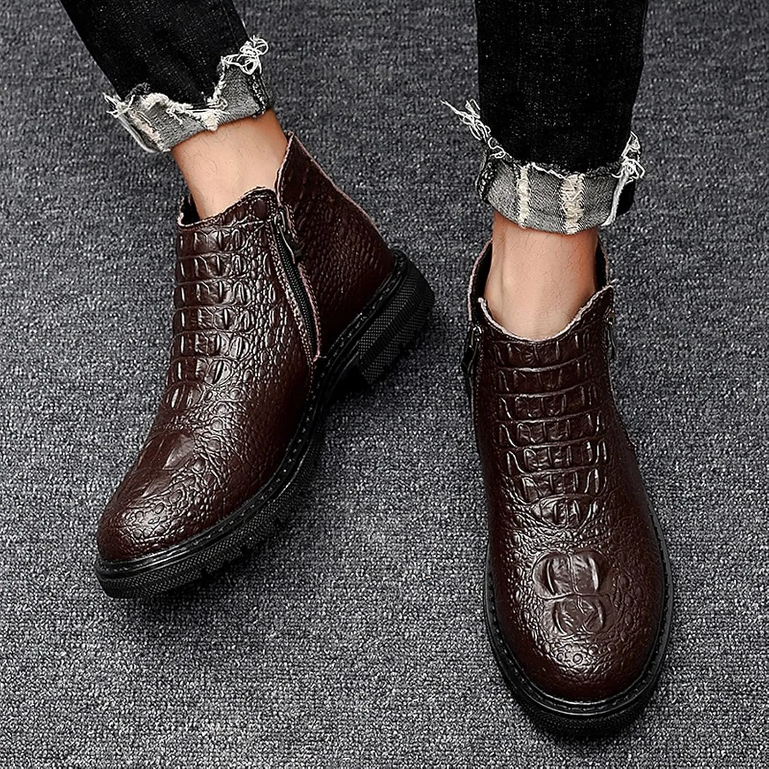 New Men Chelsea Boots Double Side Zip Crocodile Print Cowhide Leather Slip On Non Wearable Waterproof Anti-slip Casual Slip On
