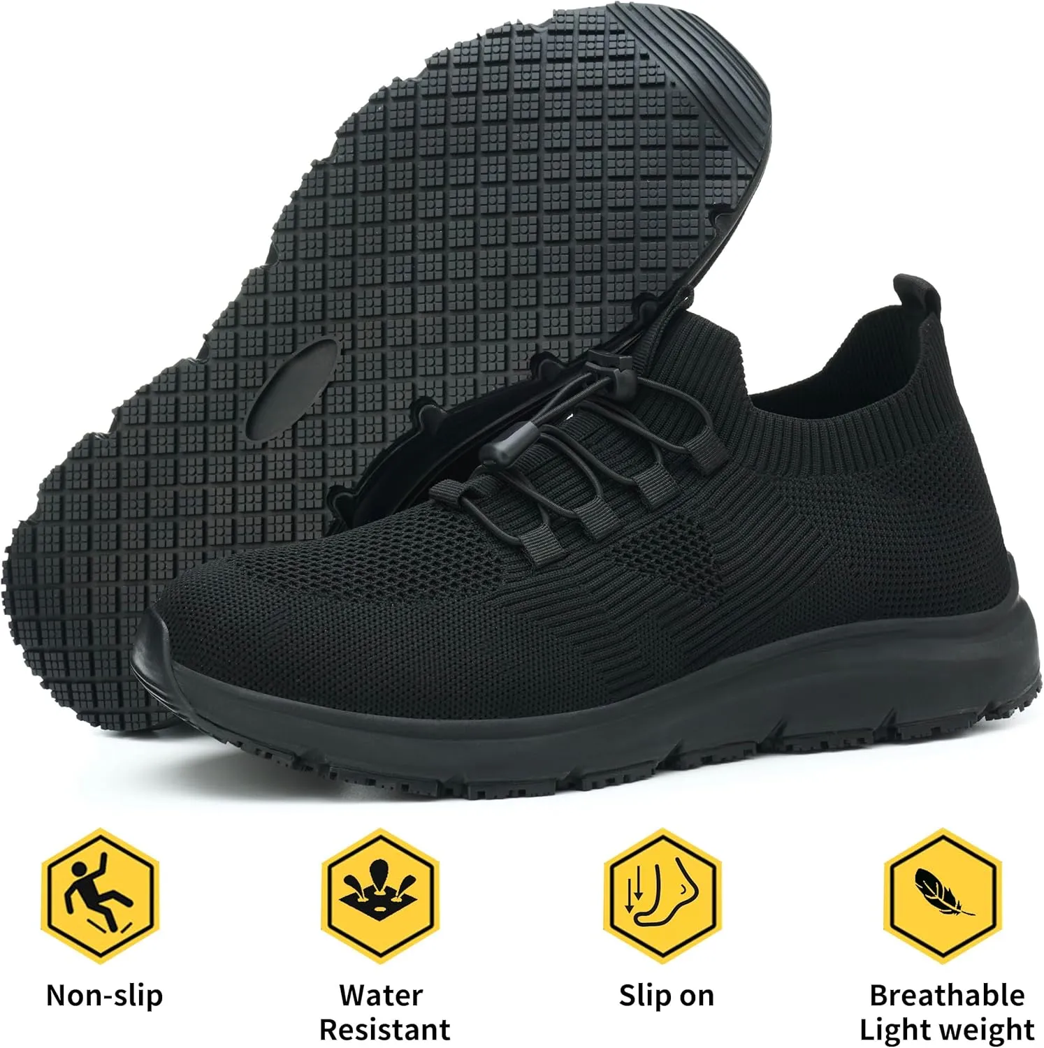 Non Slip Shoes for Men Food Service Waterproof Slip Resistant Sneakers Kitchen Restaurant Chef Work Shoes Breathable Lightweight Comfortable Slip On Footwear Walking Shoes Black