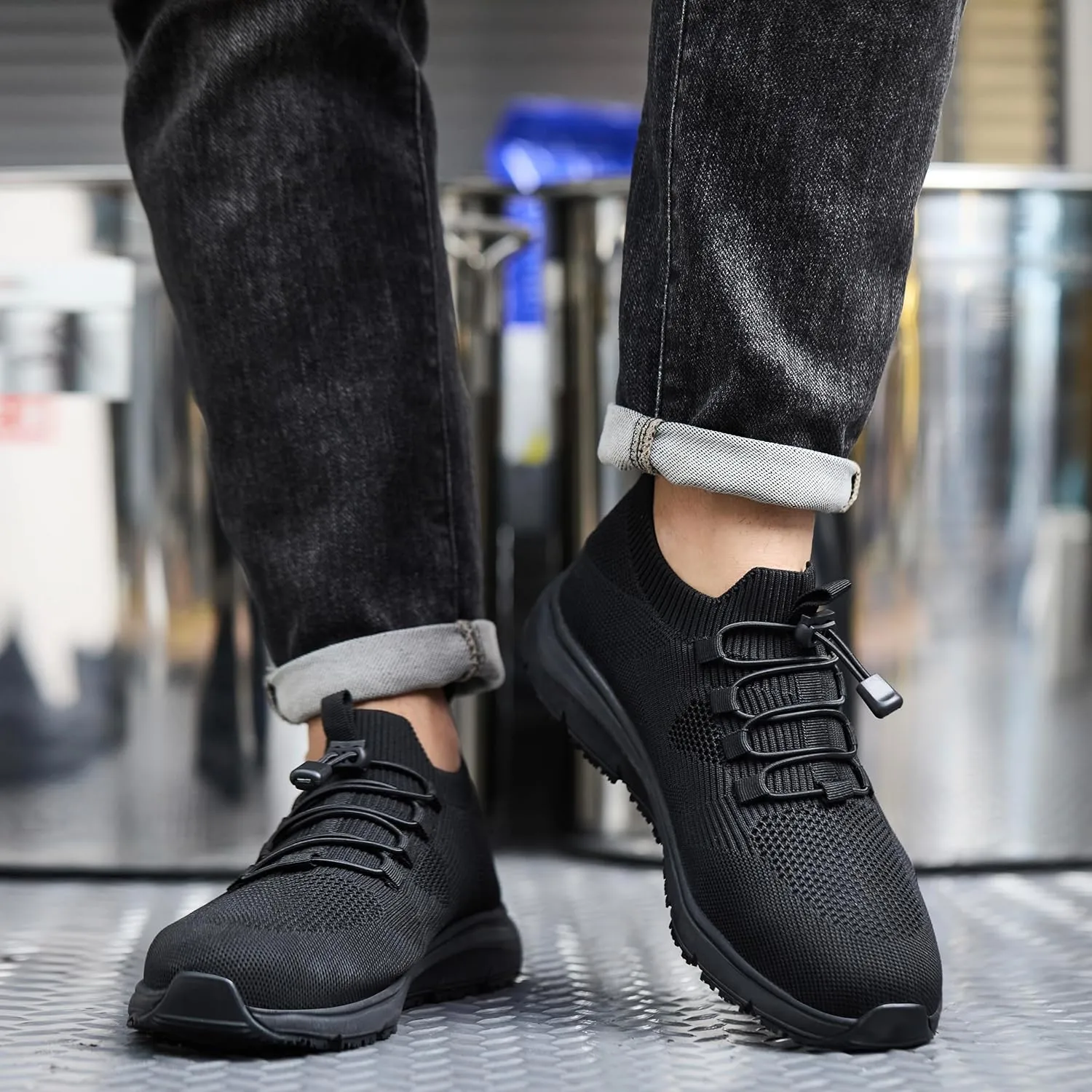 Non Slip Shoes for Men Food Service Waterproof Slip Resistant Sneakers Kitchen Restaurant Chef Work Shoes Breathable Lightweight Comfortable Slip On Footwear Walking Shoes Black