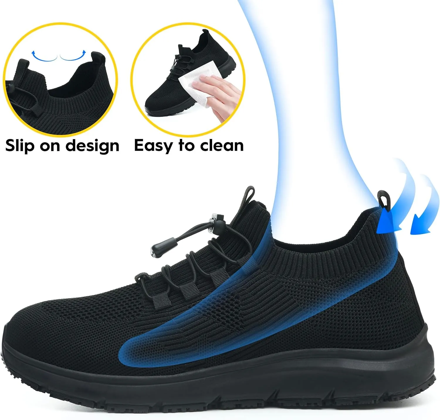 Non Slip Shoes for Men Food Service Waterproof Slip Resistant Sneakers Kitchen Restaurant Chef Work Shoes Breathable Lightweight Comfortable Slip On Footwear Walking Shoes Black