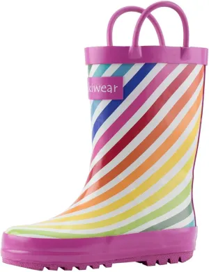 OAKI Kids Rubber Rain Boots Easy-on Handles, Rainbow Stripes, 10T