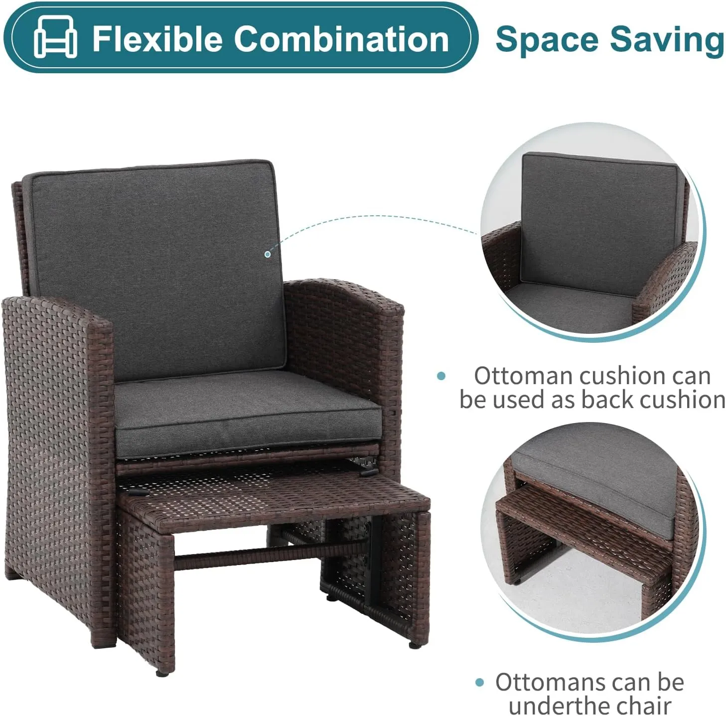 OC Orange-Casual 6 Piece Patio Wicker Furniture Set, Balcony All Weather Rattan Chair, with Space Saving Ottoman, Resin Nesting Coffee Table, Modern Design, Dark Grey