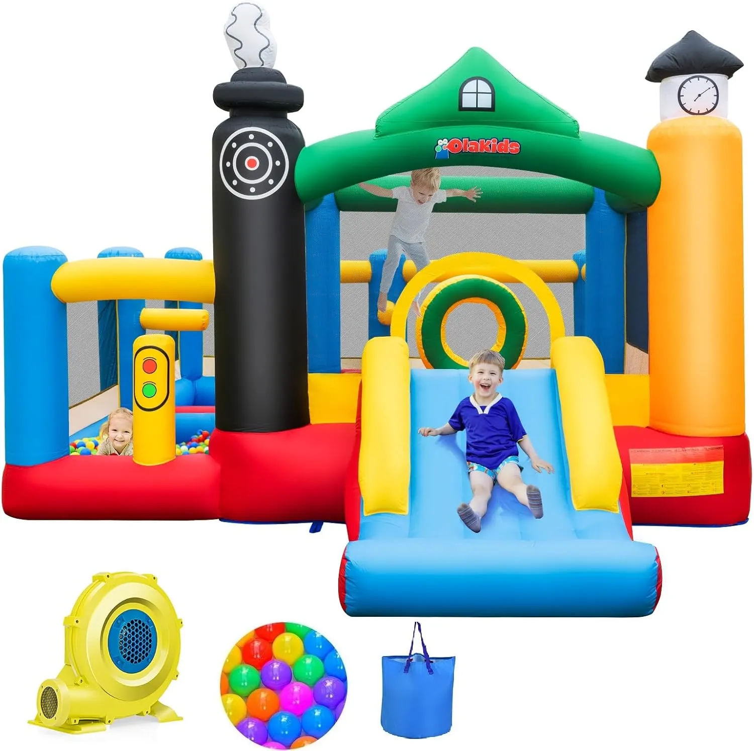 OLAKIDS Inflatable Bounce House, Train Theme Kids Jumping Castle with Slide Ball Pit Basketball Rim, Indoor Outdoor Inflatable Obstacle Course with 950W Blower 50PCS Ocean Balls Carry Bag