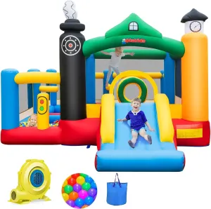 OLAKIDS Inflatable Bounce House, Train Theme Kids Jumping Castle with Slide Ball Pit Basketball Rim, Indoor Outdoor Inflatable Obstacle Course with 950W Blower 50PCS Ocean Balls Carry Bag