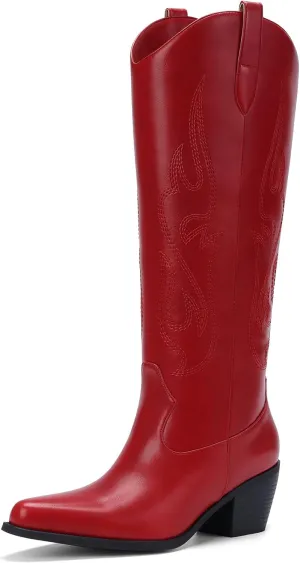 Pasuot Western Cowboy Boots for Women - Knee High Wide Calf Cowgirl Boots with Classic Embroidered, Slip On Pointed Toe Chunky Heel Fashion Retro Classic Pull On Tall Boot for Girls Ladies Fall Winter