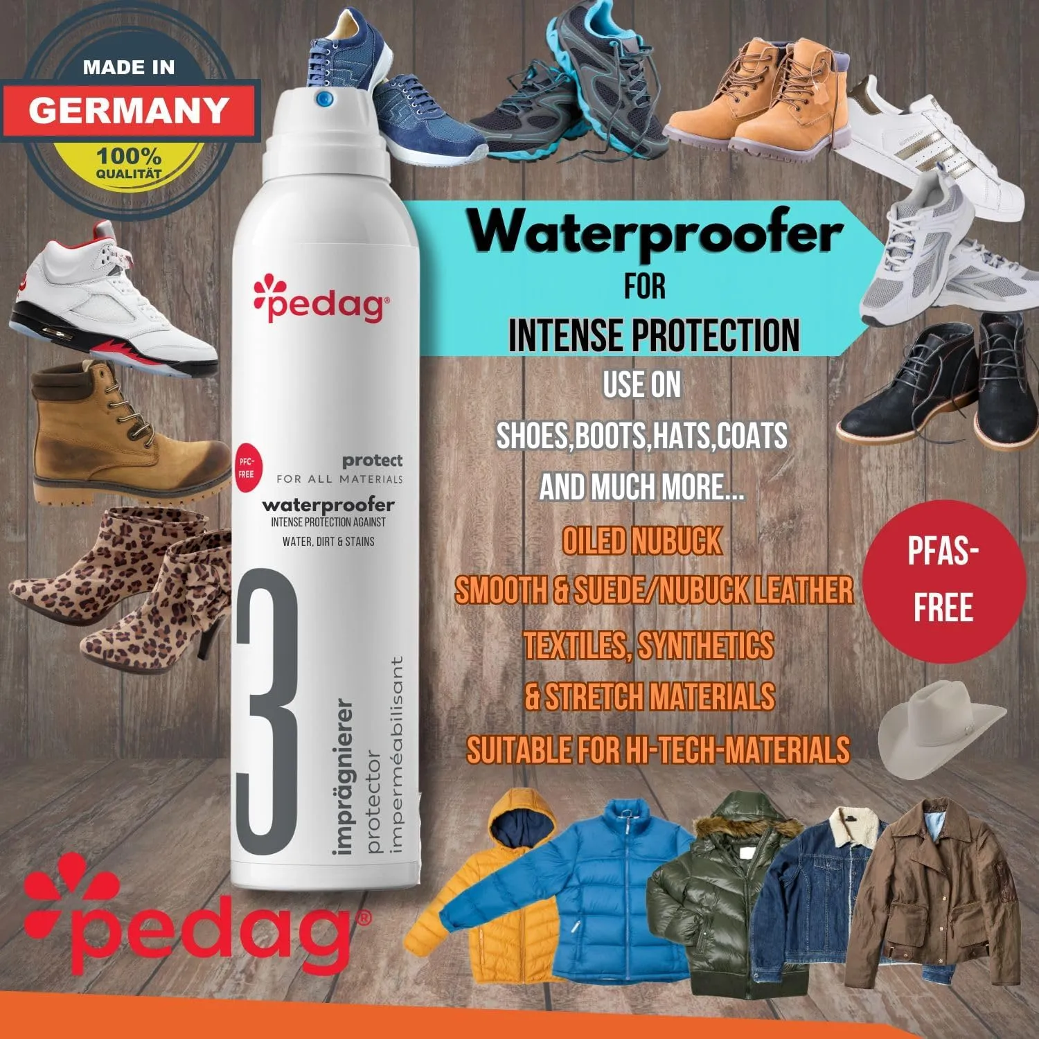Pedag PFAS-Free Waterproofer | German Made | Heavy Duty Waterproof and Stain Repellent | Canvas & Fabric Spray Protector | Waterproofing Spray and Guard for Boots, Shoes, Tents, Hats, Jackets | 1 Can