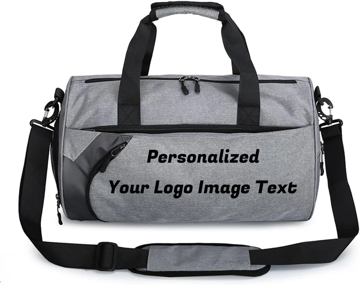 Personalized Duffle Bag for Women Men with Shoes Compartment Dry and Wet Space Individual Custom Gym Bags with Picture Text (Grey, Medium)
