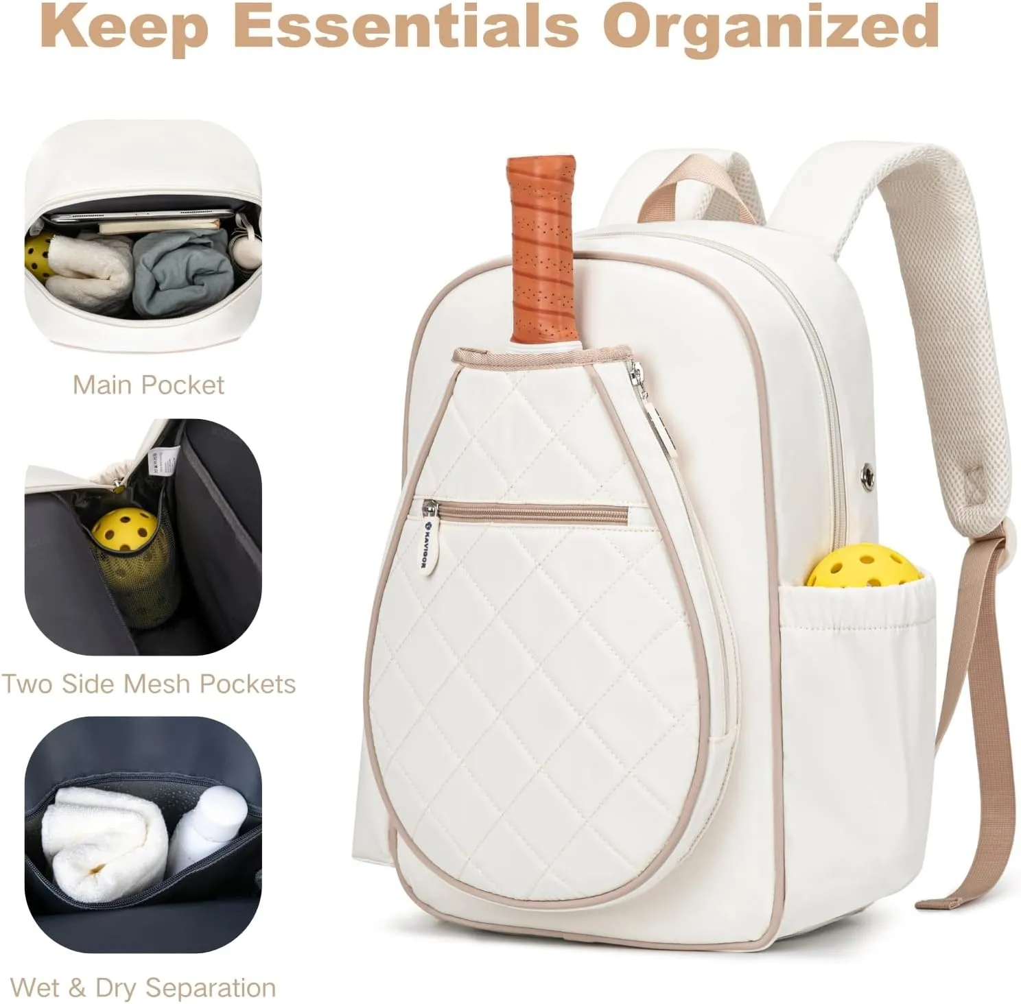 Pickleball Bag, Quilted Pickleball Backpack with Shoe Compartment & Waterproof Pocket, Pickle Ball Paddle Bag Fits 2 to 4 Paddles for Women and Men