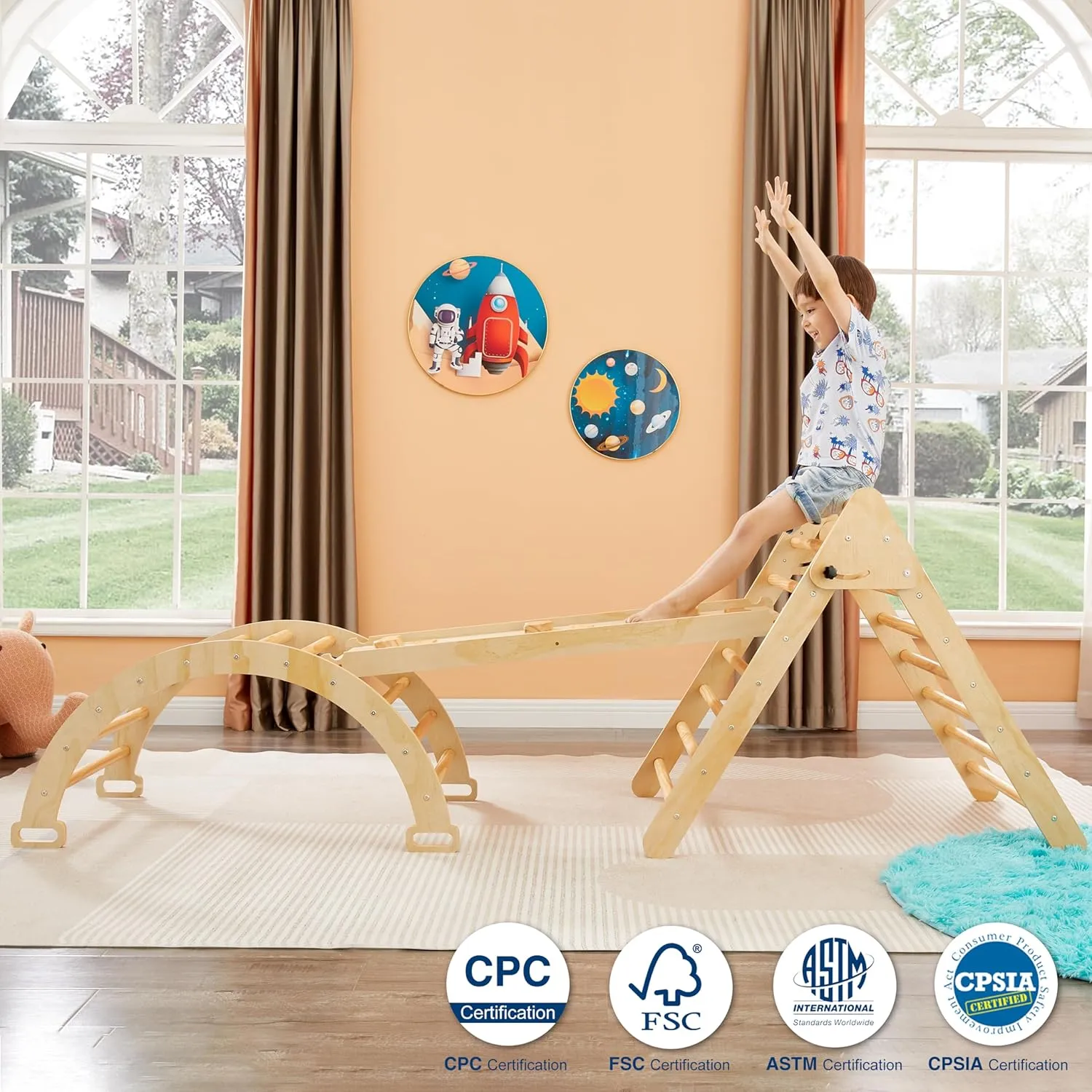 Pikler Triangle Set, 5 in 1 Montessori Climbing Set, Wooden Pikler Climbing Set Indoor Jungle Gym for Kids Ages 1-3, Arch and Foldable Climbing Pikler Triangle, Climbing Toys