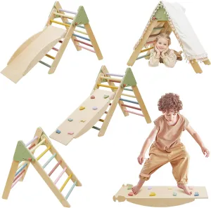 Pikler Triangle Set, Montessori Toddler Climbing Toys Indoor, Pikler Climbing Set with Foldable Pikler Triangle Ladder&Reversible Slide, 2 Piece Wooden Baby Climbing Gym Indoor Playground