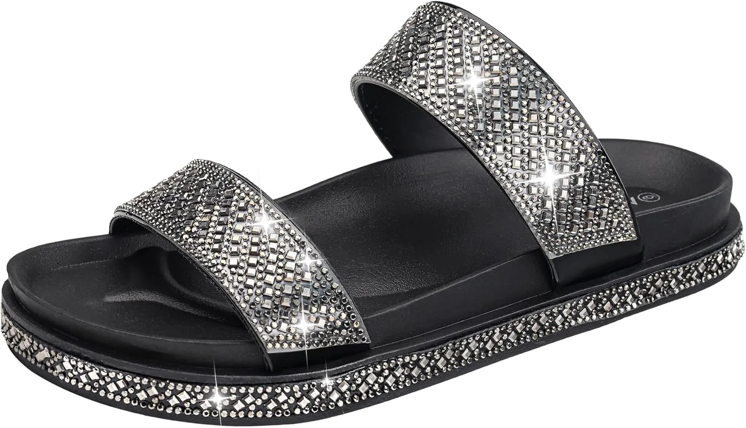 Platform Sandals Women,Womens Sandals with Rhinestone Dressy-Black Sandals Women Glitter Open-Toe Double Strap Arch-Support Slides Summer Sandals Vacation Comfortable Black Size8
