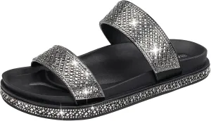 Platform Sandals Women,Womens Sandals with Rhinestone Dressy-Black Sandals Women Glitter Open-Toe Double Strap Arch-Support Slides Summer Sandals Vacation Comfortable Black Size8
