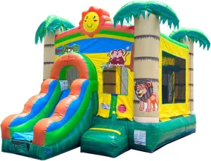 Pogo Bounce House Inflatable with Slide for Kids 12 x 12 x 18 Foot - Backyard Tropical Jungle Castle Smiley Face Combo Bouncer, Outdoor Toys, Jumpers for Kids - Includes: Blower, Stakes & Storage Bag