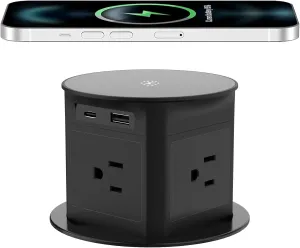 Pop up Outlet for Countertop with 15W Wireless Charger,4 Outlets 1 PD20W USB-C Ports,1QC18W USB-A,3.94 inch Desk Hole Power Grommet,Pop Up Power Outlet for Kitchen Countertop,Office Desktop (Black)