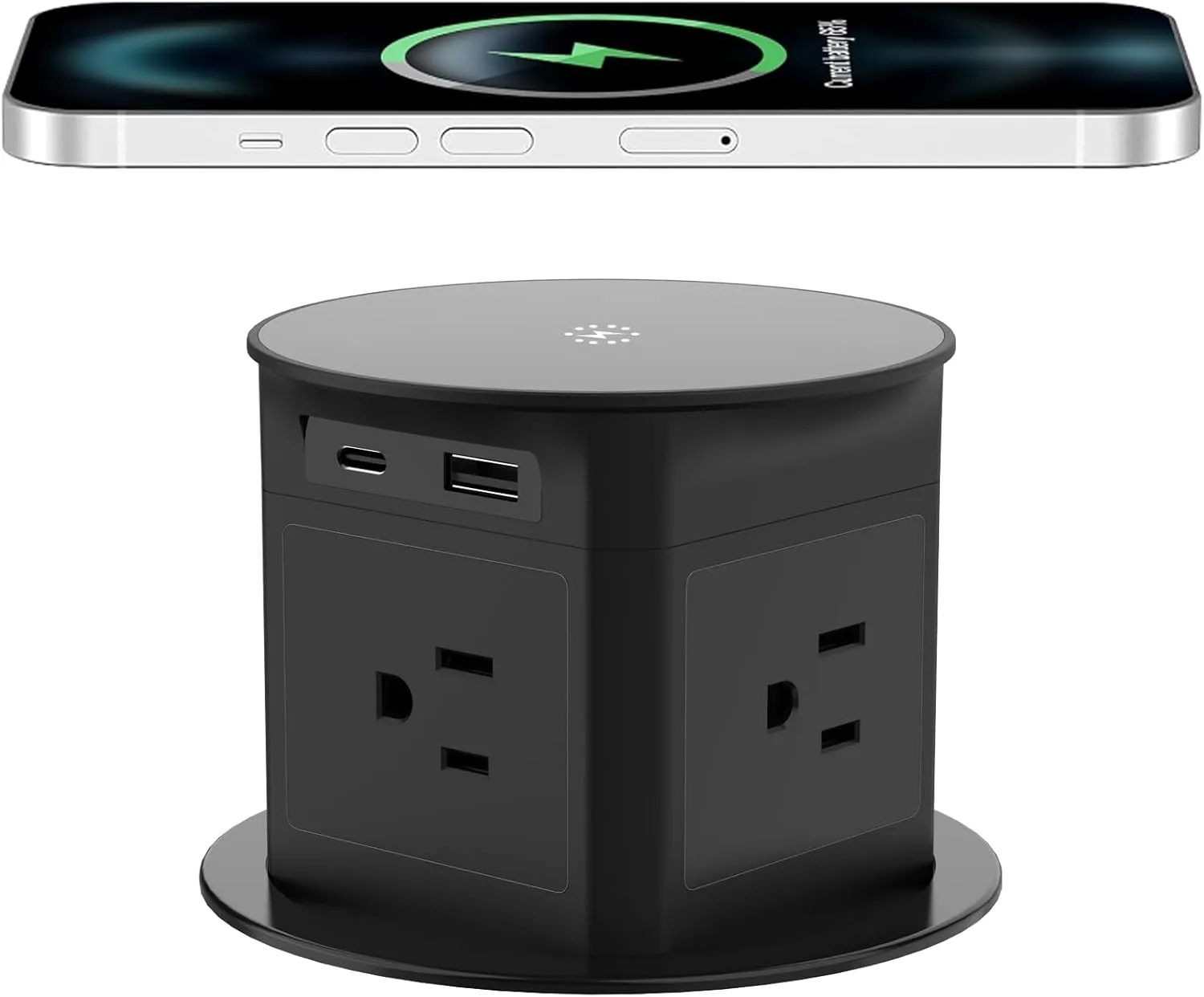 Pop up Outlet for Countertop with 15W Wireless Charger,4 Outlets 1 PD20W USB-C Ports,1QC18W USB-A,3.94 inch Desk Hole Power Grommet,Pop Up Power Outlet for Kitchen Countertop,Office Desktop (Black)