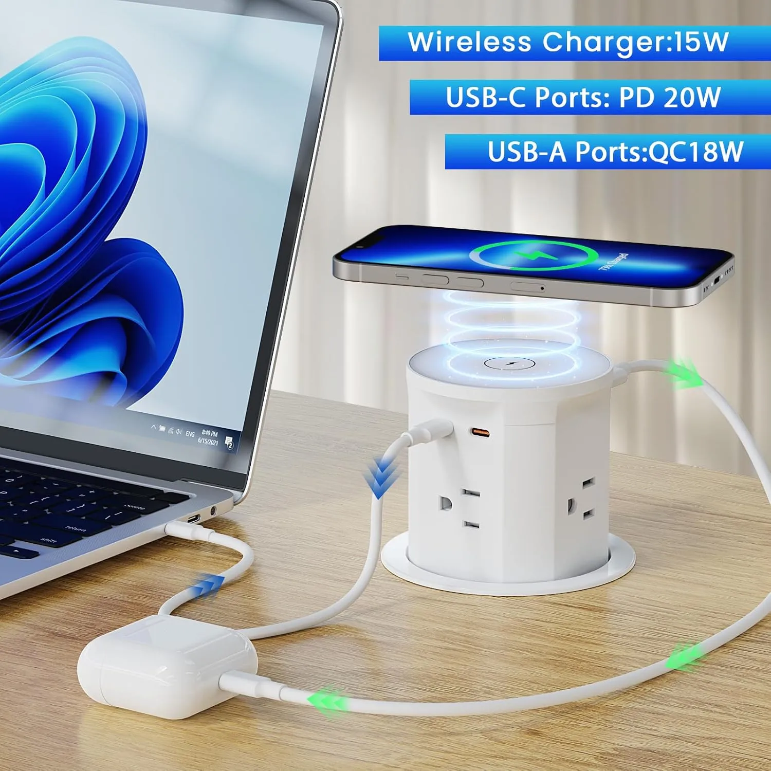 Pop up Outlet for Countertop with 15W Wireless Charger,4 Outlets 2 PD20W USB-C Ports,3.35 ''(85mm) Desk Hole Power Grommet,Pop Up Power Outlet for Kitchen Countertop,Office Conference Table (White)