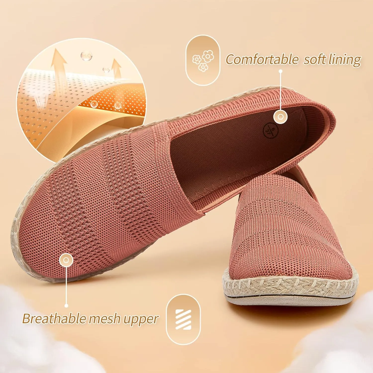 POVOGER Women's Black Flats Mesh Slip On Shoes Breathable Loafers Espadrilles Flats Soft Womens Casual Shoes