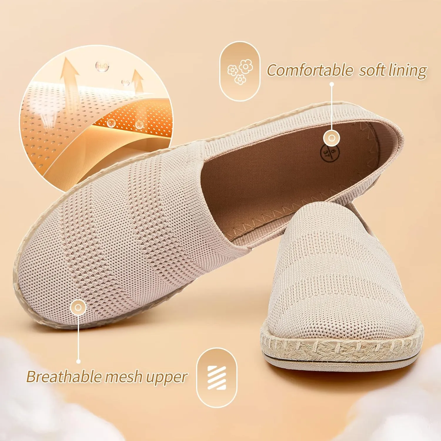 POVOGER Women's Black Flats Mesh Slip On Shoes Breathable Loafers Espadrilles Flats Soft Womens Casual Shoes