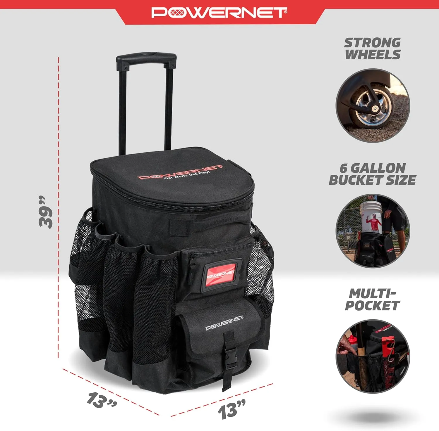 PowerNet Baseball Softball Coaching Bucket Caddy Cover, Multiple Pockets Carry Gameday Essentials, 3 Styles for 6 Gallon Bucket Organization Including All Terrain Wheeled