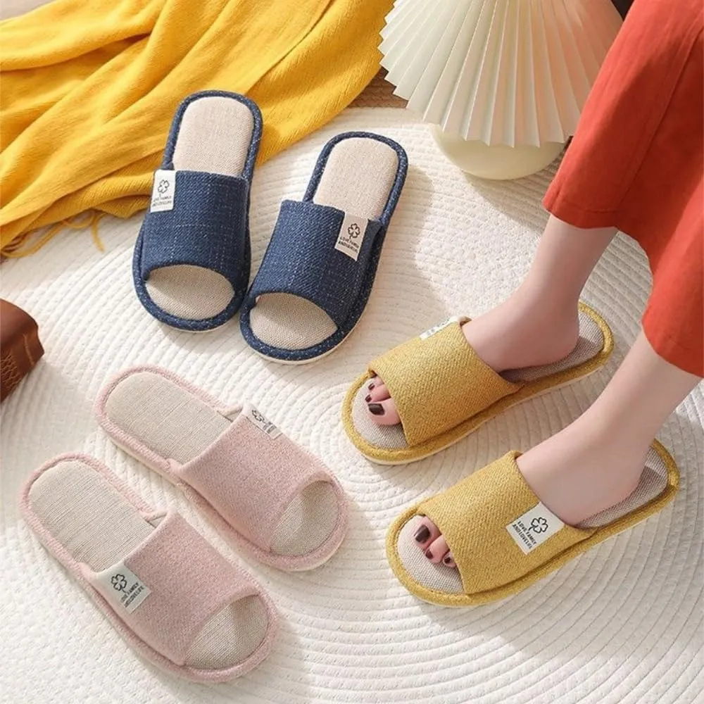 Premium Comfort Silent All Seasons Linen Open Toe Men's House Slippers Indoor Soft Home Slip On Shoes Cushion Sole