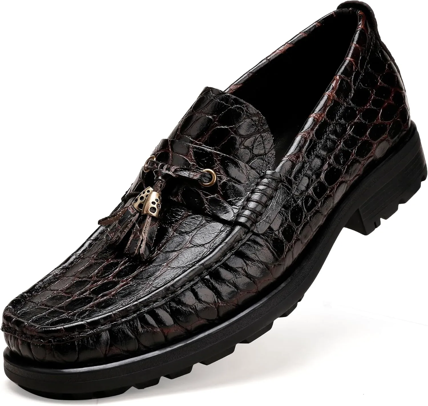 Premium Leather Tassel Loafer for Men, Classic Alligator Printed Thick Sole Dress Loafers Shoes for Mens