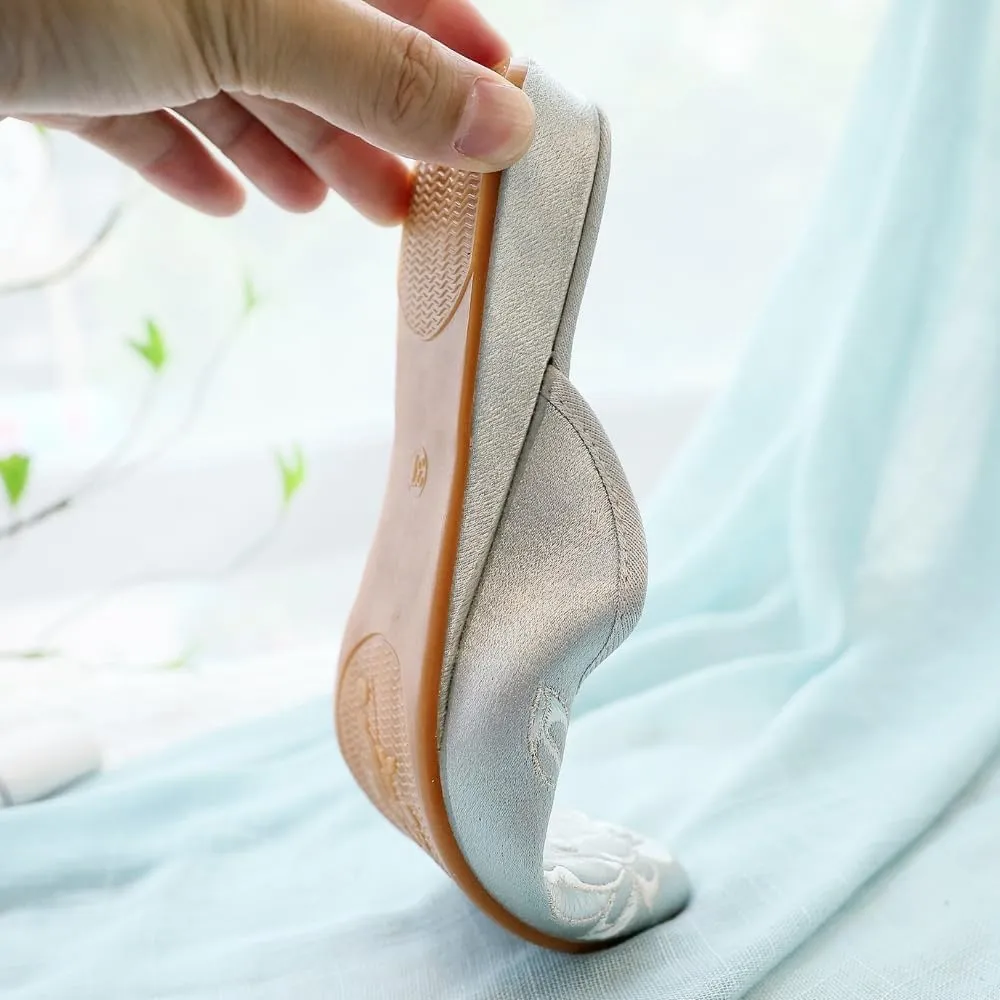 Premium Luxury Satin Silk Flower Embroidery All Seasons Comfort Women's House Slippers Non Slip Indoor Soft Home Slip On Shoes