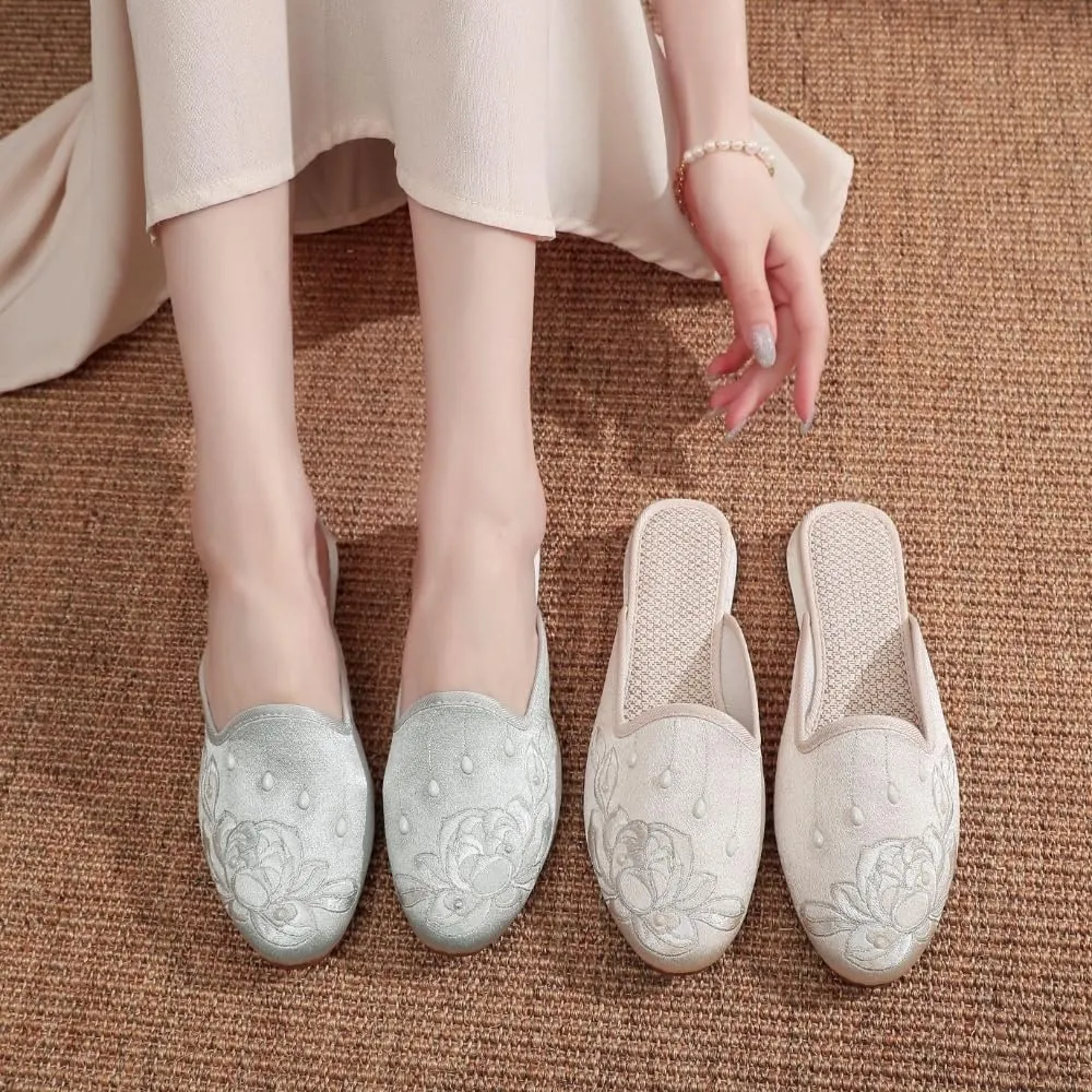 Premium Luxury Satin Silk Flower Embroidery All Seasons Comfort Women's House Slippers Non Slip Indoor Soft Home Slip On Shoes