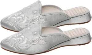 Premium Luxury Satin Silk Flower Embroidery All Seasons Comfort Women's House Slippers Non Slip Indoor Soft Home Slip On Shoes